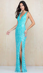 V-neck Sequined Fitted Slit Sheer Back Zipper V Back Sheath Natural Waistline Plunging Neck Sleeveless Sheath Dress/Evening Dress