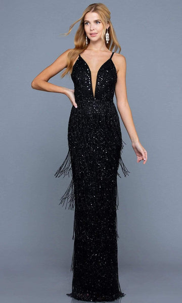 V-neck Fitted Sequined Back Zipper Sheer Floor Length Sleeveless Spaghetti Strap Sheath Plunging Neck Natural Waistline Sheath Dress/Evening Dress