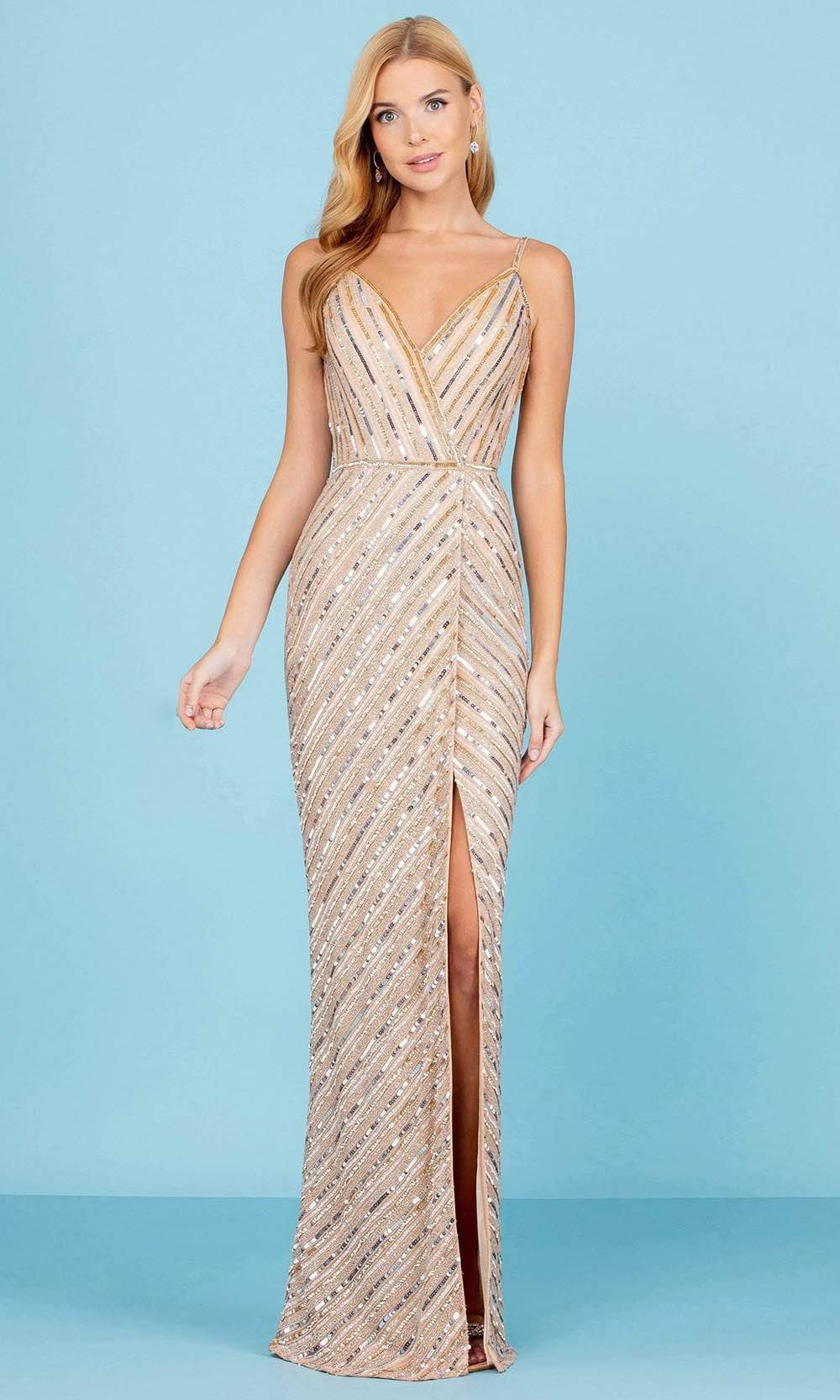 SCALA - 60258 Striped Sequin V-Neck Gown
