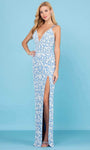 V-neck Floor Length Sheath Floral Print Open-Back Slit Sequined Back Zipper Spaghetti Strap Empire Waistline Brocade Sheath Dress