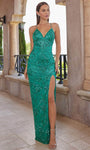 V-neck Sheath Floor Length Empire Waistline Sleeveless Spaghetti Strap Sequined Beaded Open-Back Lace-Up Slit Sheath Dress/Evening Dress