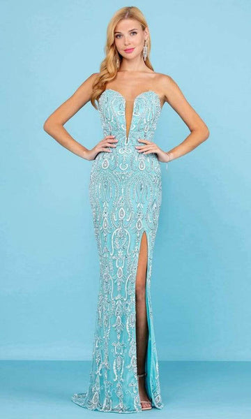 Strapless Corset Natural Waistline Floor Length Sheath Plunging Neck Sweetheart Back Zipper Sheer Applique Slit Open-Back Sequined Beaded Sheath Dress/Party Dress with a Brush/Sweep Train