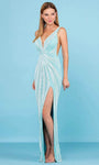 Sophisticated V-neck Sheath Plunging Neck Sleeveless Natural Waistline Back Zipper Slit Sequined Floor Length Sheath Dress/Party Dress