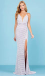 V-neck Plunging Neck Spaghetti Strap Natural Waistline Mermaid Back Zipper Open-Back Beaded Slit Sequined Dress with a Brush/Sweep Train