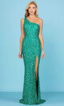 Natural Waistline One Shoulder Sleeveless Sequined Open-Back Asymmetric Slit Fitted Sheath Sheath Dress with a Brush/Sweep Train