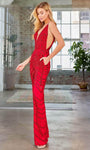 V-neck Sleeveless Floor Length Natural Waistline Plunging Neck Sequined Beaded Pocketed Open-Back Sheer Back Zipper Tulle Jumpsuit