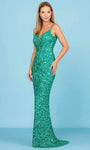 V-neck Sleeveless Sheath Ruched Sequined Fitted V Back Back Zipper Sheer Floor Length Plunging Neck Natural Waistline Sheath Dress with a Brush/Sweep Train