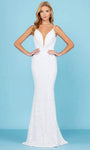 V-neck Natural Waistline Floor Length Plunging Neck Sheath Sheer Sequined Back Zipper V Back Ruched Fitted Sleeveless Sheath Dress with a Brush/Sweep Train