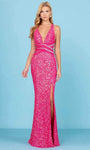 V-neck Plunging Neck Beaded Back Zipper Open-Back Slit Sequined Empire Waistline Mermaid Sleeveless Floor Length Dress with a Brush/Sweep Train