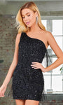 Sequined Asymmetric Fitted Beaded Natural Waistline Sheath Cocktail Short One Shoulder Sheath Dress