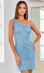 Cocktail Short Sheath Sequined Fitted Beaded Asymmetric One Shoulder Natural Waistline Sheath Dress