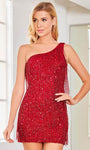 Asymmetric Sequined Beaded Fitted Cocktail Short Sheath Natural Waistline One Shoulder Sheath Dress