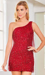 One Shoulder Beaded Sequined Asymmetric Fitted Natural Waistline Sheath Cocktail Short Sheath Dress