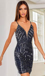 V-neck Sleeveless Tulle Sequined Sheer Open-Back Back Zipper Cocktail Above the Knee Sheath Natural Waistline Plunging Neck Sheath Dress