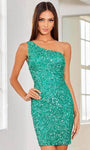 Natural Waistline Sheath Cocktail Short One Shoulder Asymmetric Fitted Sequined Sheath Dress