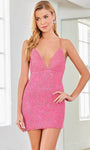 V-neck Tulle Empire Waistline Lace-Up Open-Back Back Zipper Beaded Floral Print Plunging Neck Sleeveless Sheath Cocktail Above the Knee Sheath Dress