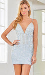 V-neck Corset Empire Waistline Plunging Neck Sheath Sleeveless Cocktail Above the Knee Back Zipper Open-Back Beaded Sequined Fitted Sheath Dress