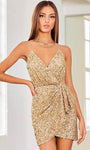 V-neck Sleeveless Spaghetti Strap Beaded Sequined Open-Back Fitted Faux Wrap Back Zipper Sheath Cocktail Short Natural Waistline Sheath Dress/Party Dress