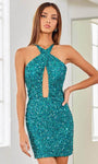 Beaded Fitted Back Zipper Cutout Sequined Sheath Mermaid Natural Waistline Sleeveless Spaghetti Strap Halter Fall Cocktail Above the Knee Sheath Dress