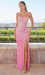 Open-Back Fitted Sequined Lace-Up Slit Scoop Neck Sleeveless Spaghetti Strap Sheath Floor Length Natural Waistline Sheath Dress/Evening Dress