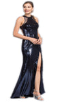 Open-Back Sheer Sequined Fitted Back Zipper Floor Length Sheath Natural Waistline Halter Sleeveless Sheath Dress/Evening Dress/Prom Dress with a Brush/Sweep Train