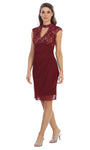 High-Neck Cap Sleeves Empire Waistline Lace Sheath Draped Sequined Back Zipper Cutout Pleated Above the Knee Sheath Dress