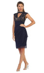 Pleated Cutout Back Zipper Sequined Draped Cap Sleeves Sheath Lace Above the Knee Empire Waistline High-Neck Sheath Dress