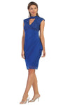 High-Neck Above the Knee Sheath Cap Sleeves Lace Cutout Draped Pleated Sequined Back Zipper Empire Waistline Sheath Dress