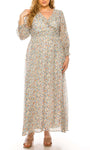 A-line V-neck Floor Length Floral Print Long Sleeves Natural Waistline Dress