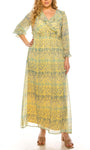 A-line V-neck Floor Length Floral Print Long Sleeves Elasticized Natural Waistline Dress