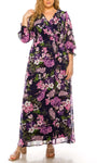 A-line V-neck Elasticized Natural Waistline Floor Length Long Sleeves Floral Print Dress With Ruffles