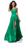 Sexy A-line Charmeuse Floor Length Open-Back Fitted Slit Lace-Up Full-Skirt Scoop Neck Natural Waistline Evening Dress with a Brush/Sweep Train