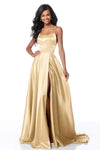 Sexy A-line Natural Waistline Scoop Neck Lace-Up Open-Back Slit Fitted Floor Length Charmeuse Full-Skirt Evening Dress with a Brush/Sweep Train