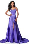 Sexy A-line Scoop Neck Fitted Lace-Up Slit Open-Back Charmeuse Full-Skirt Natural Waistline Floor Length Evening Dress with a Brush/Sweep Train