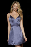 A-line V-neck Sleeveless Spaghetti Strap Fitted Back Zipper Plunging Neck Satin Natural Princess Seams Waistline Cocktail Short Dress