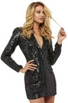 V-neck Sheath Sequined Fitted Plunging Neck Long Sleeves Cocktail Short Natural Waistline Sheath Dress