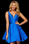 A-line V-neck Cocktail Short Flutter Sleeves Sleeveless Natural Waistline Illusion Fitted Pleated Back Zipper Mesh Pocketed Fit-and-Flare Satin Prom Dress