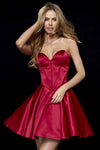 A-line Strapless Satin Cocktail Short Back Zipper Fitted Gathered Pleated Sweetheart Fit-and-Flare Basque Corset Waistline Dress