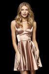 A-line V-neck Natural Princess Seams Waistline Sleeveless Spaghetti Strap Back Zipper Open-Back Fitted Satin Cocktail Above the Knee Fit-and-Flare Plunging Neck Party Dress