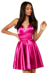 A-line V-neck Satin Natural Princess Seams Waistline Short Back Zipper Fitted Pocketed Open-Back Fit-and-Flare Sleeveless Spaghetti Strap Dress