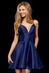 A-line V-neck Cocktail Short Satin Fit-and-Flare Empire Waistline Sleeveless Spaghetti Strap Open-Back Back Zipper Pocketed Fitted Dress