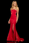 Sexy Strapless Fitted Lace-Up Slit Floor Length Corset Natural Waistline Mermaid Straight Neck Evening Dress with a Brush/Sweep Train
