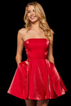 A-line Strapless Corset Waistline Pleated Pocketed Fitted Lace Cocktail Short Dress by Sherri Hill