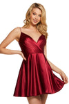 A-line V-neck Fitted Pleated Back Zipper Fit-and-Flare Natural Waistline Short Sleeveless Spaghetti Strap Satin Prom Dress