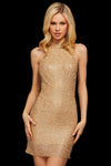 Sexy Sheath Natural Waistline Illusion Racerback Beaded Semi Sheer Back Zipper Fitted Halter Cocktail Short Sheath Dress