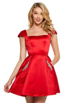 A-line Square Neck Cap Sleeves Satin Natural Waistline Pleated Lace-Up Pocketed Jeweled Short Dress