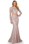 Lace Mermaid Beaded Lace-Up Long Sleeves Natural Waistline Bateau Neck Prom Dress with a Brush/Sweep Train