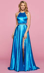 A-line Sheer Slit Fitted Beaded Halter Natural Waistline Sleeveless Dress with a Brush/Sweep Train