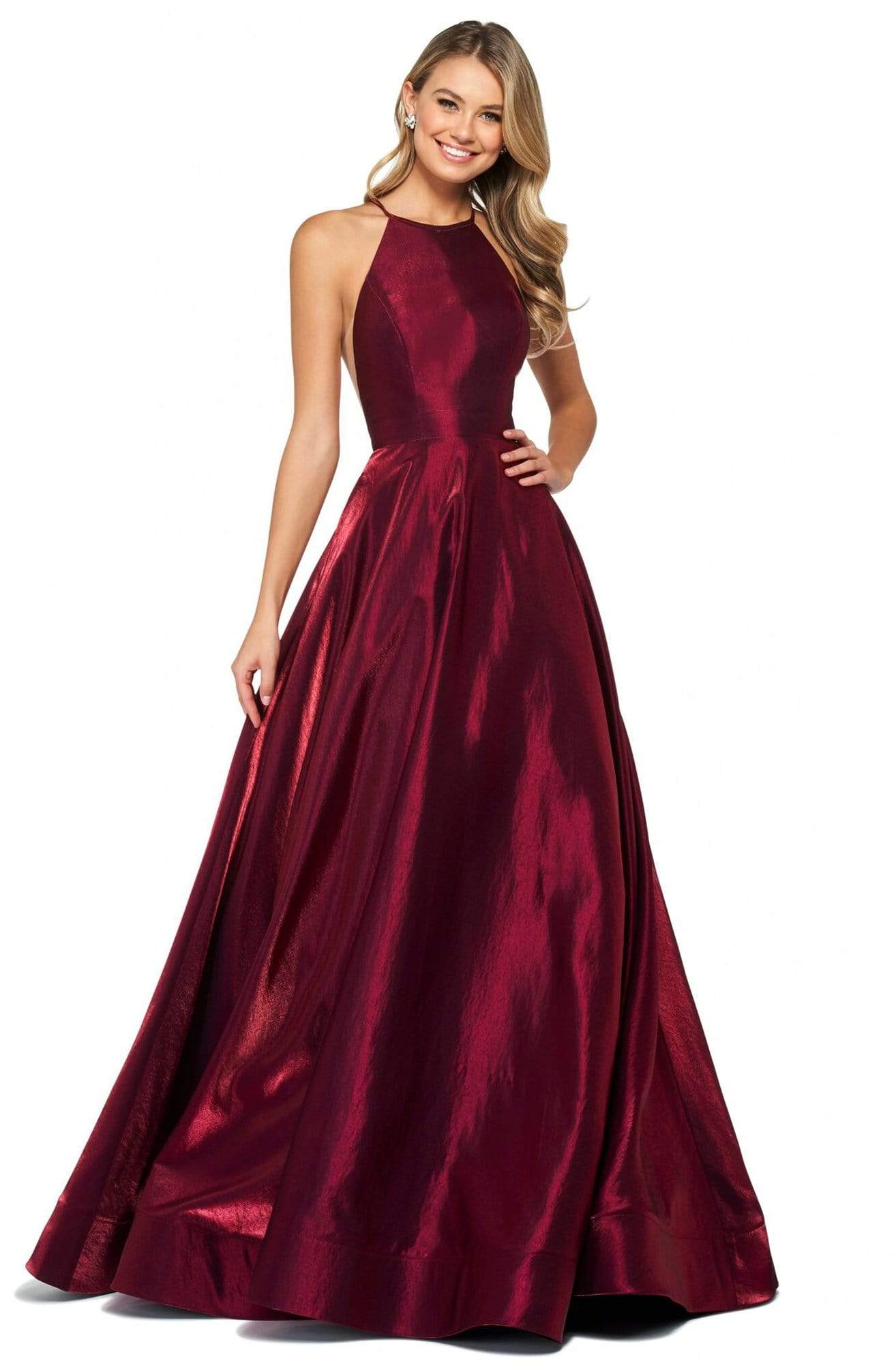 Sherri Hill - 53350 High Neckline Shimmer Satin A-Line Dress
