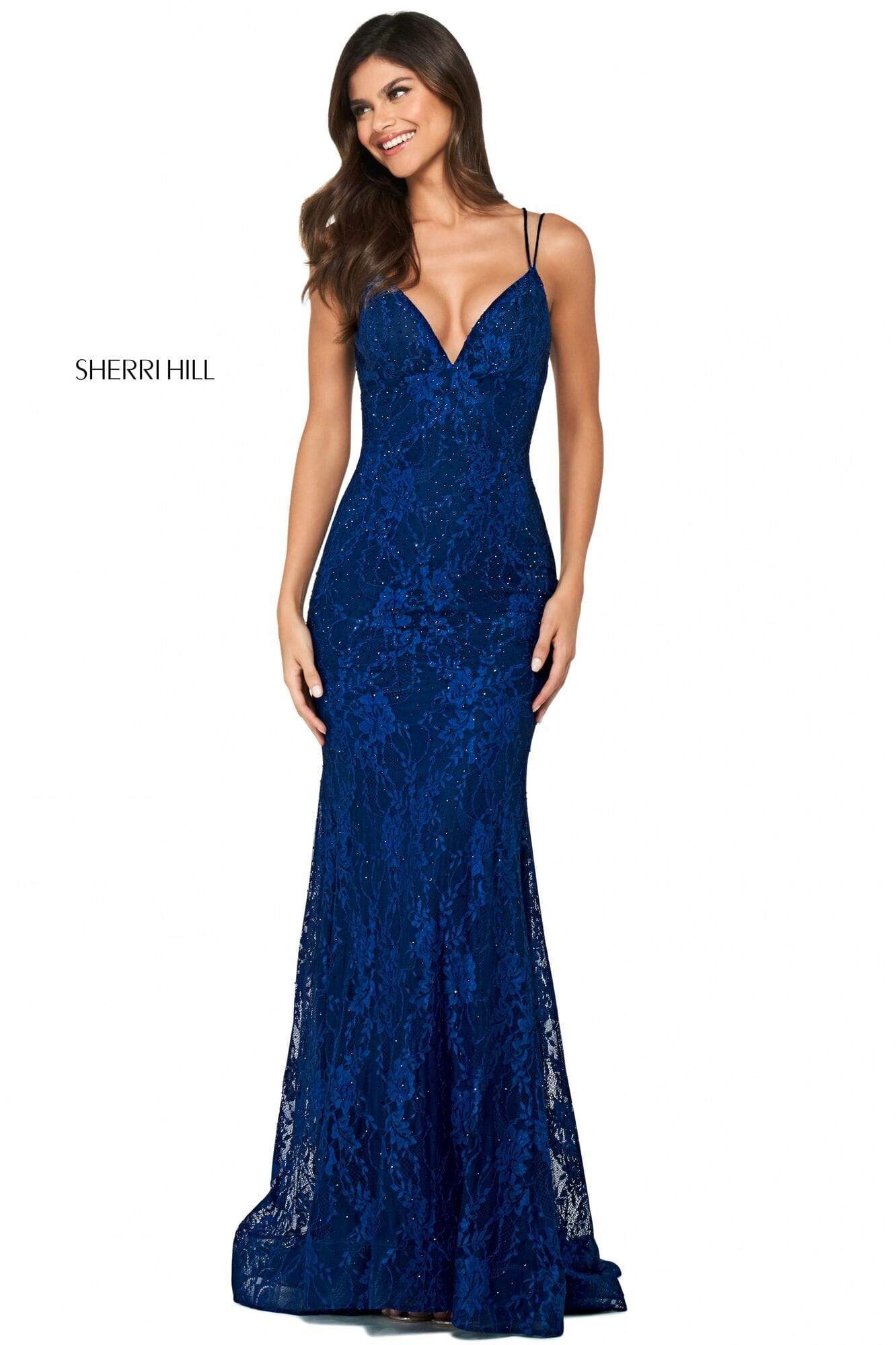 Sherri Hill - 53364 Plunging Lace Up Back Fitted Lace Dress

